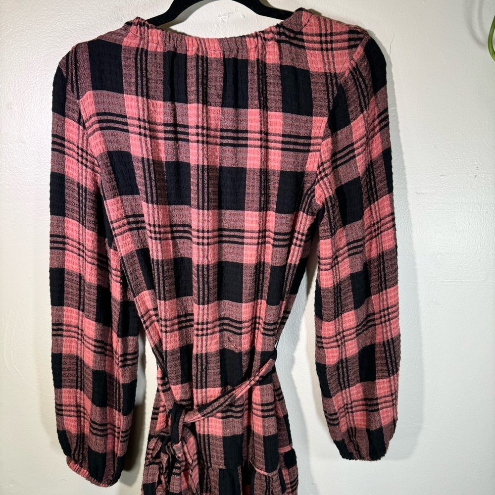 Anthropologie Cloth&Stone Plaid Daia Belted Tier Mini Dress Raglan Long Sleeves - Picture 10 of 16